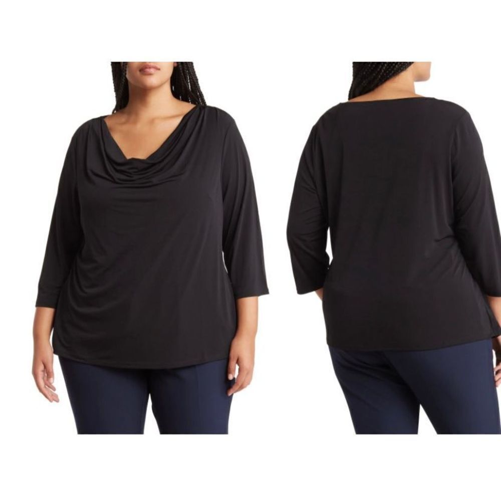 New Premise‎ Black Slinky Fabric Cowl Neck Top with 3/4 Sleeves Size 1X